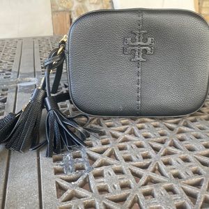 Tory Burch, small black shoulder bag with tassel